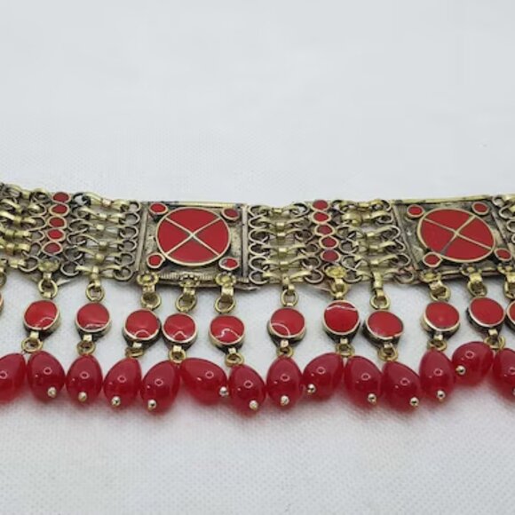 Afghan Choker Necklace With Dangling Beads, Afghan Kuchi Glass Stones Necklace, - Picture 1 of 4